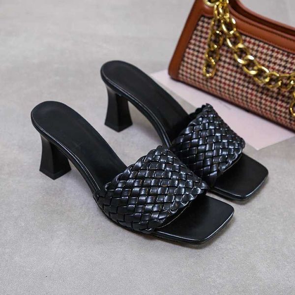 

slippers woman mules ladies party slides women fashion plaid pumps women's female outdoor high heels pu leather plus size 44 y2302, Black