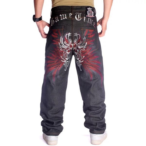 

men's jeans plus size waist 30-46 inch skateboard mens wide-leg loose hip hop embroidered flower wings male denim pants trousers 230227, Blue