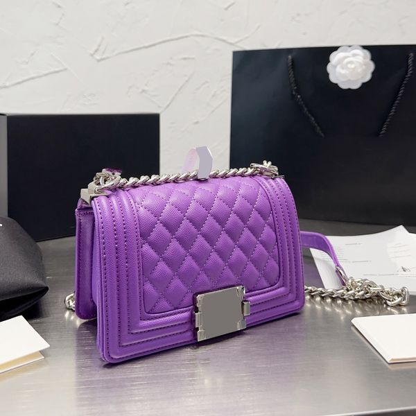 

womens cross body caviar leather quilted bags calfskin silver metal chain shoulder outdoor messenger purse clutch classic mini flap boy pouc