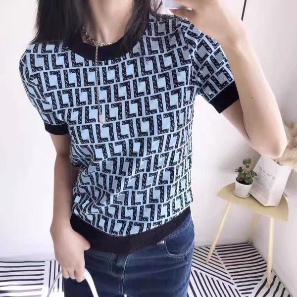 

designer high-quality women's knits & tees knitted short sleeve t-shirts fashion jacquard ice silk full letter f t-shirt, White
