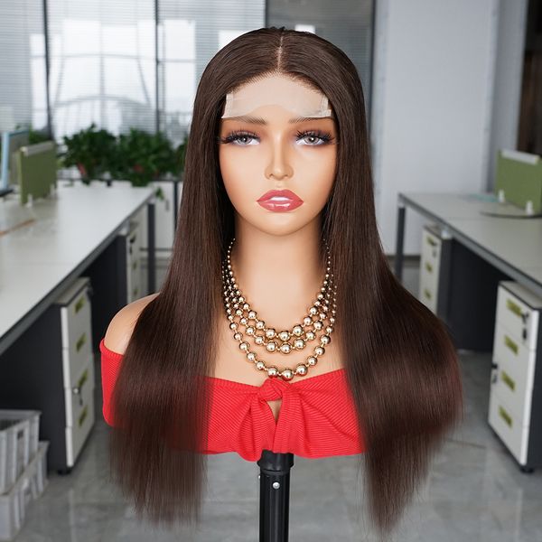 

dark brown color straight human hair wig 13x4 transparent lace frontal wig for women indian remy hair 4x4 closure wig pre-plucked with baby, Black;brown