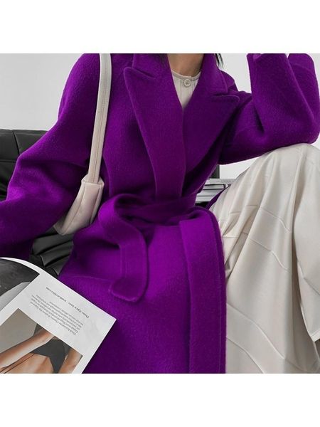 

women's wool blends suit collar doublesided lacing up purple long en overcoat women winter korean style loose 100 coat jacket 230227, Black