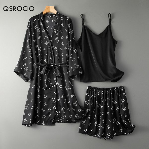 

womens sleepwear qsrocio womens pajamas set letters partern 3 pieces robe sling shorts sleepwear silk like fashion female home clothes night, Black;red