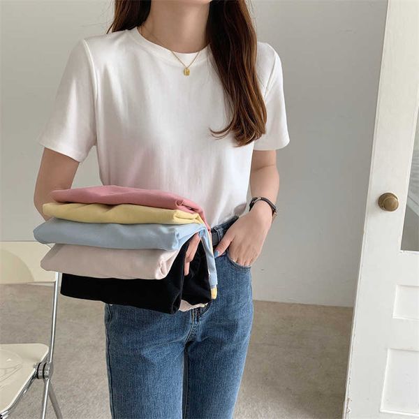 

t-shirt 6-color optional 2023 summer versatile new elastic round-neck short-sleeved women's loose bottom half sleeve top, White