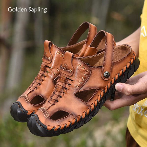 

slippers golden sapling leisure men's sandals fashion outdoor casual shoes men genuine leather beach sandals classics trekking footwear, Black