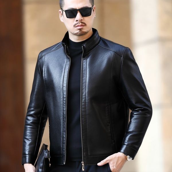 

men's leather faux leather yxl-221 natural leather jacket men's stand-up collar business casual fur men's super soft se plush, Black