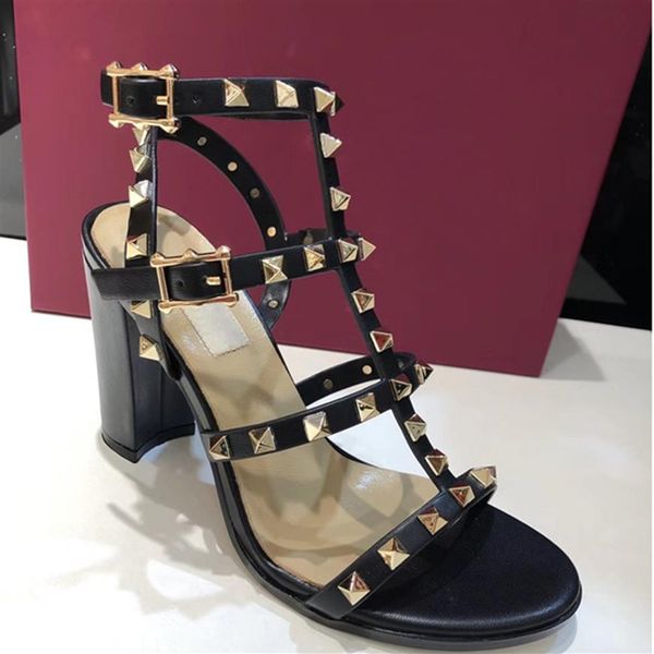 

new 2018 new european women's rivets sandals with 9 5 cm high rivets fashion sandals 6 color sizes 35-41301k, Black