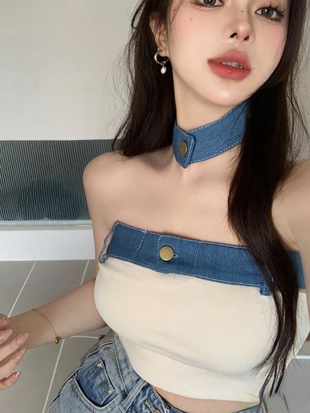 

women s blouses shirts blue denim patch halter cropped feminino 2023 summer korean fashion crop sleeveless skinny femme corset tube s 230228, White