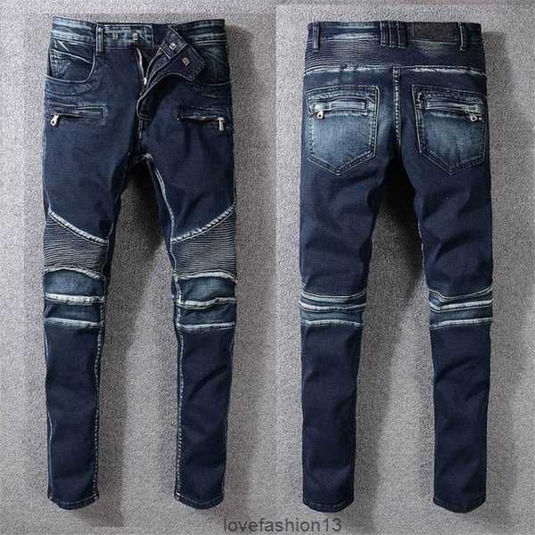 

2023 mens slouchy vaqueros jeans distressed ripped slim fit motorcycle bikers denim for s fashion mans black pants pour, Blue