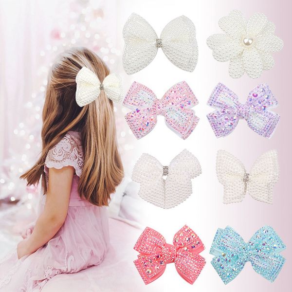 

8.9cm pearl hair bows with ribbon hair clips for girls kids boutique layers bling rhinestone center bows hairpins hair accessories 1765, Slivery;white