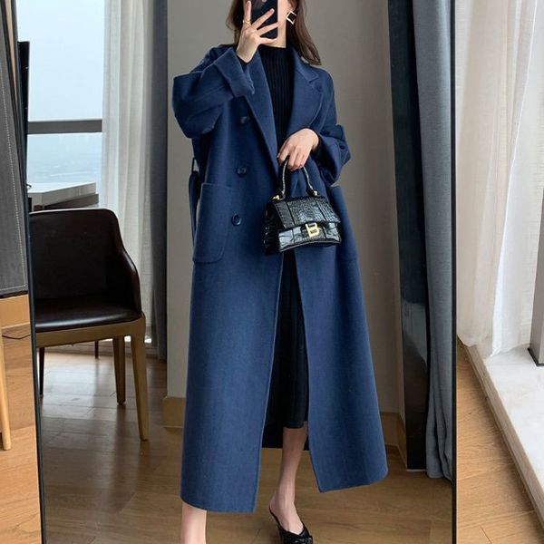 

women's wool blends winter trench coat for women elegant fashion korean casual navy blue laceup long jacket black woman with blet 23022