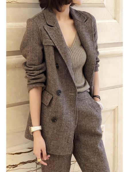 

womens suits blazers women woolen blazer and pantsuits chic elegant korean fashion trousers outfits autumn female suit jacket 2 piece sets 2, White;black