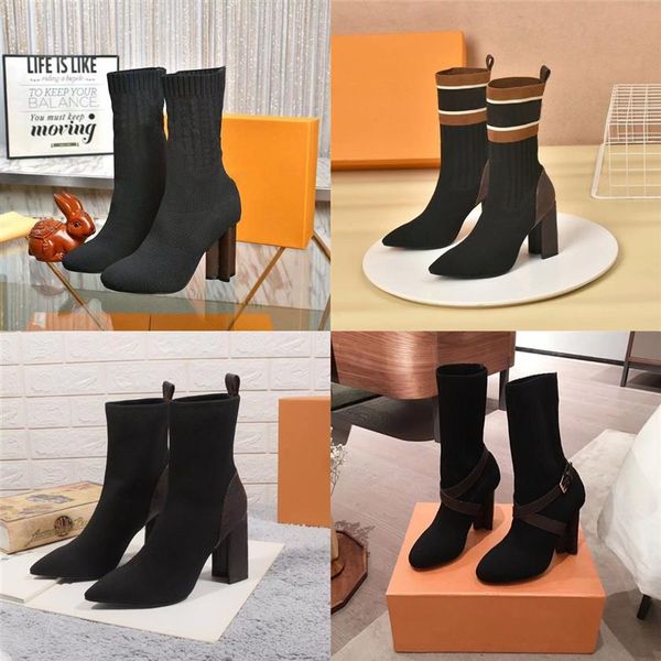 

2022 designer women boots socks high heel boot pointed wedge platform heels lady stylist shoes fashion martin boots original print312n, Black
