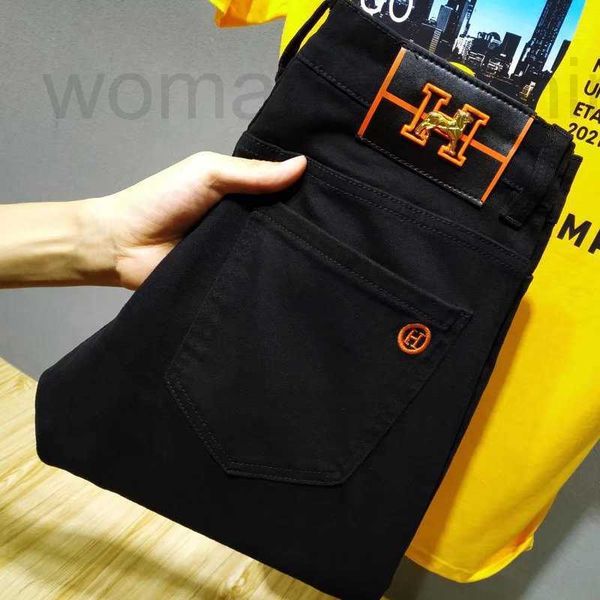 

men's jeans designer fashion brand embroidery elastic slim fit pants popular youth black spring and autumn leisure h2hc, Blue