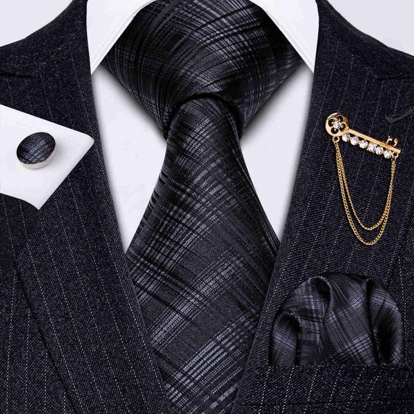 

neck ties men necktie gold brooch black plaid tie set fashion silk necktie handkerchief cufflink wedding business party barrywang gs5210 j23, Blue;purple