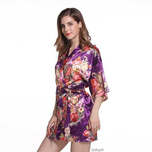 

satin wedding bride bridesmaid floral bathrobe flower print kimono robe dressing night gown for women w23e, Black;red