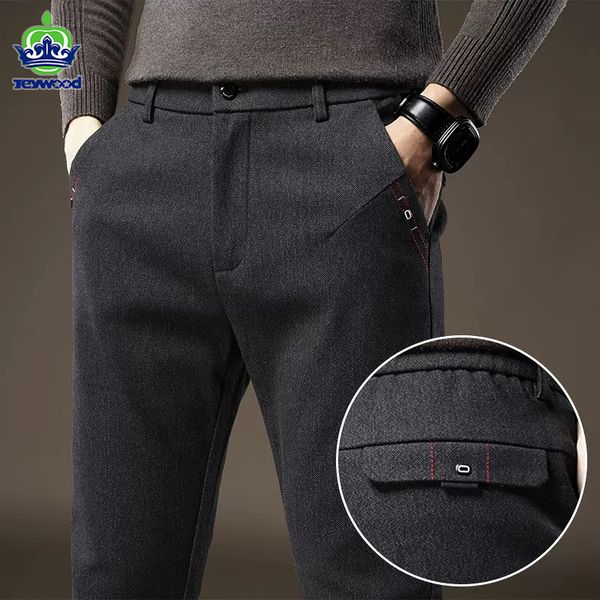 

men's pants autumn winter stretch brushed fabric pants men thick elastic waist cotton slim business black blue casual trousers 230228