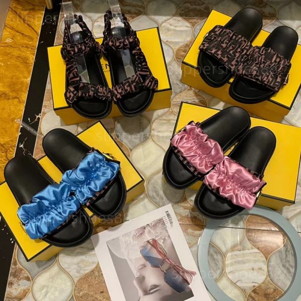 

brown satin slides sandal flipflop slipper women shoes designer sandals slide pink blue feel flat slider scarf silk fabric comfort slippers, Black