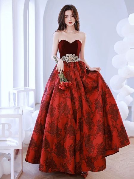 

sweetheart evening dress belt strapless elegant burgundy sleeveless long a-line prom temperament host party gown toast clothing, Black;red