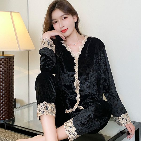 

womens sleepwear qsrocio womens pajamas set velvet sleepwear casual homewear lace v neck nightwear plus size nightie 230228, Black;red