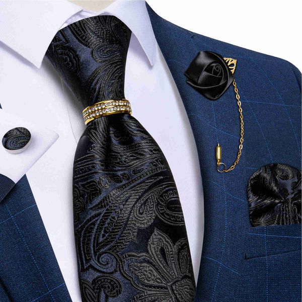

neck ties luxury blue black paisley silk jacquard tie set for men fashion accessories brooch pin gold ring with rhinestones gift wholesale j, Blue;purple
