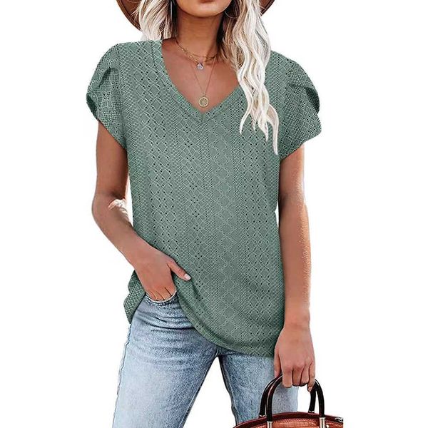 

2023 summer woman solid v neck short sleeve loose short sleeve t-shirt women women's knitwear dgkx, White
