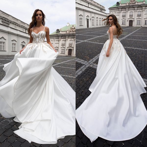 

stylish a-line wedding dresses v neck sleeveless spaghetti straps sequins satin gold leaf appliques floor length beaded formal dresses gowns, White