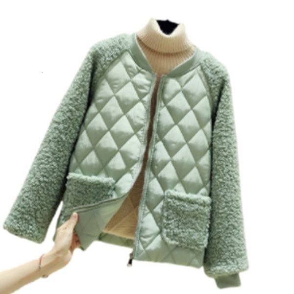 

women's wool blends cotton jacket women short down coat loose thickend lamb feather stand collar plaid print zipper pocket clothing 230, Black