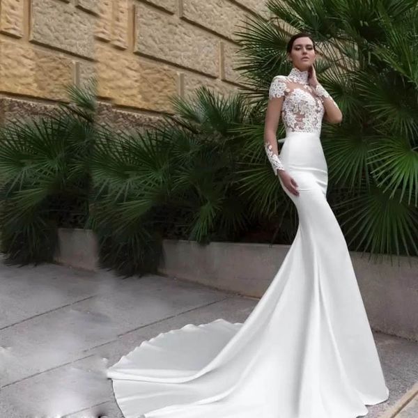 

high collar illusion bodice long sleeve mermaid wedding dresses with long train sheer button wedding dress applique lace mermaid bridal dres, White