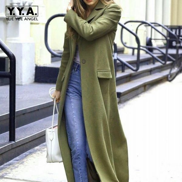 

women's wool blends runway women super long en coat high street boyfriend suit collar overcoat ladies slim fit green maxi trench 230227, Black