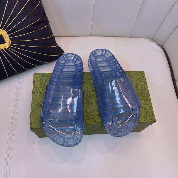 

designer luxury men's slide sandal 90s feel slip on flat flip flop sandals transparent blue rubber with box dust bag, Black