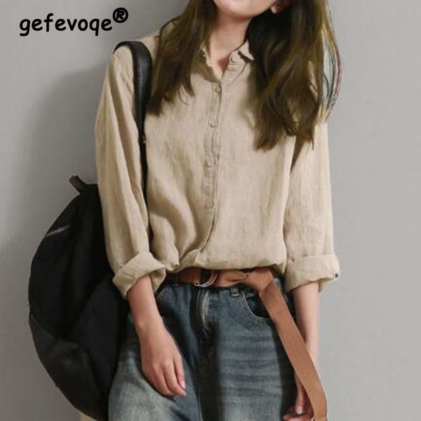 

women's blouses shirts spring autumn fashion solid cotton linen casual shirt women polo-neck elegant button up blouse oversized cardiga, White