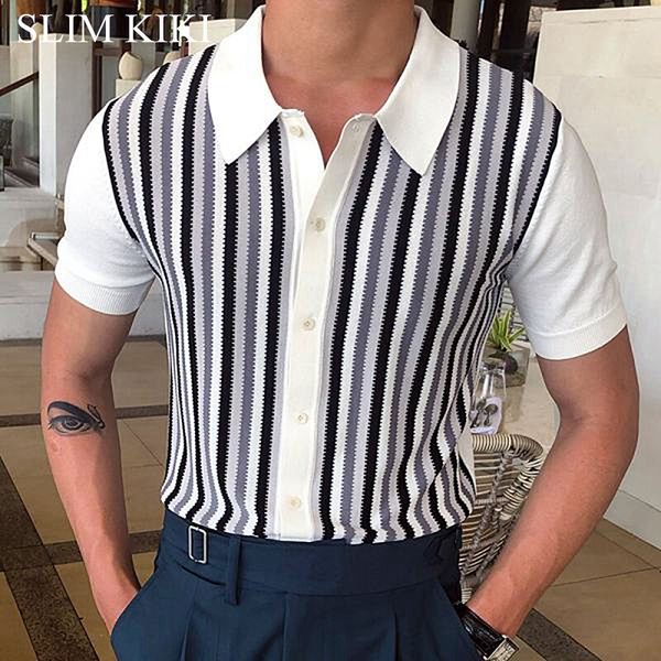 

men's polos mens knitting polo shirts elastic short sleeve knit men's clothing classic fit stripe lapel collar button shirt for go, White;black