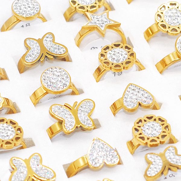

30pcs bulk wholesale cute butterfly heart crystal rings mixed style women child cz stainless steel gold plated fashion charms party gift jew, Slivery;golden