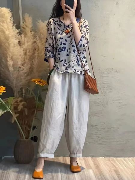 

women s two piece pants 2023 summer 2 outfits v neck print loose elastic waist cotton and linen harem feamle sets 230228, White
