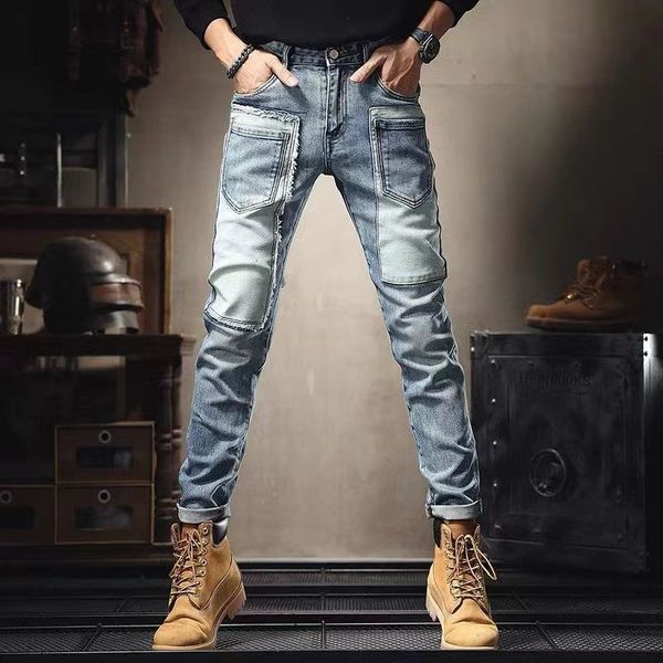 

men's jeans spring autumn denim pants men 2000s clothes korean style polished fashion cargo stretch slim patchwork casual trousers 2302, Blue