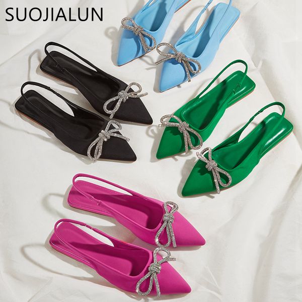 

sandals suojialun summer fashion crystal bow-knot women sandal flat heel pointed toe shallow slip on mules dress sandals slides 230228, Black