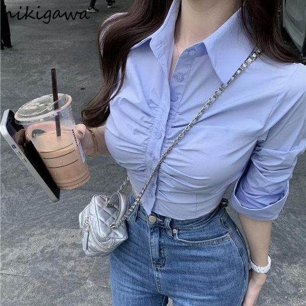 

women's blouses shirts crop fashion blouse for women folds tunic long sleeve shirt korean y2k clothes white blouses blusas mujer de mo