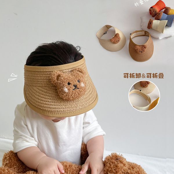 

m565 children's straw hats summer sunscreen kids baby adjustable foldable empty shade breathable caps handmade cartoon bear hats, Yellow