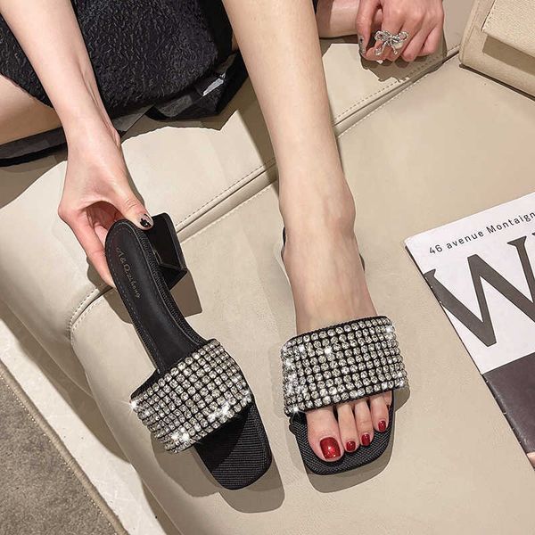 

slippers rhinestone women 2022 summer new fashion black thick heel women's for home designer luxury brand woman shoe y2302