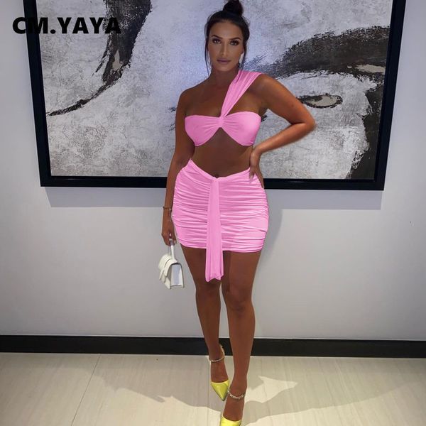 

two piece dress cmyaya women set solid one shoulder supershort stacked elastic bandage mini skirts 2 piece sets night party outfits 230228, White