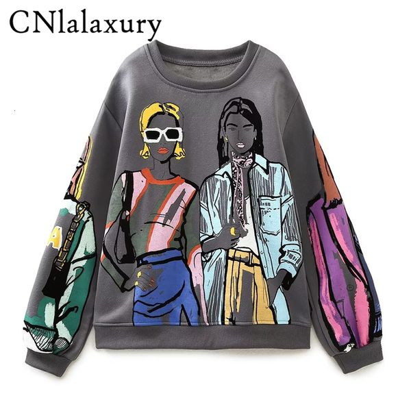

women's hoodies sweatshirts cnlalaxury autumn winter woman coal gray round neck printed sweatshirt casual long sleeve fashion pullover, Black