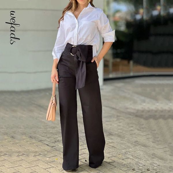 

womens two piece pants wefads women two piece set autumn casual lapel long sleeve solid with pockets shirt loose bow pants sets high streetw, White
