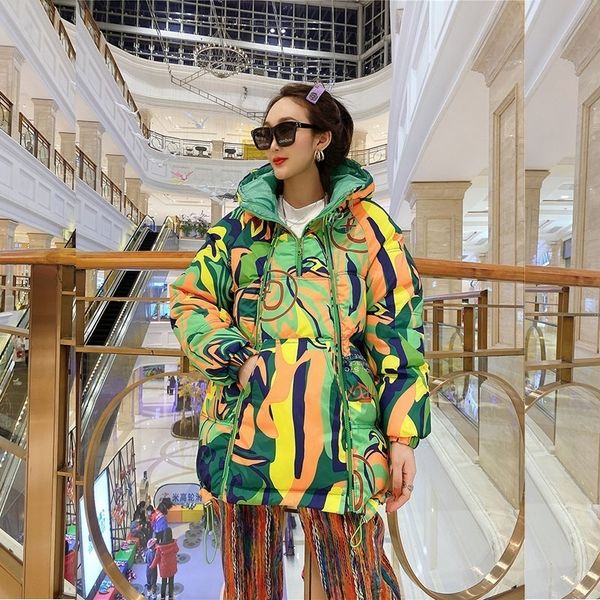 

women's wool blends 2023 winter women camouflage graffiti print hooded parkas down cotton padded coat double zipper pullover casual war, Black