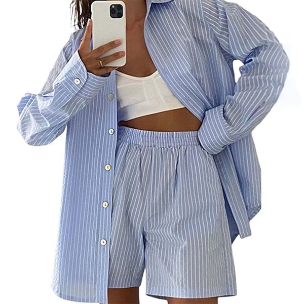 

womens sleepwear autumn pajama lounge wear home clothes stripe long sleeve shirt and loose high waisted shorts pajamas set 230228, Black;red