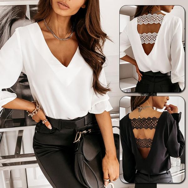 

women caual bloue summer long sleeve elegant female v neck open back lace cutout spring autumn streetwear, White