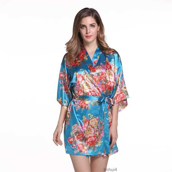 

satin wedding bride bridesmaid floral bathrobe flower print kimono robe dressing night gown for women sbx7, Black;red