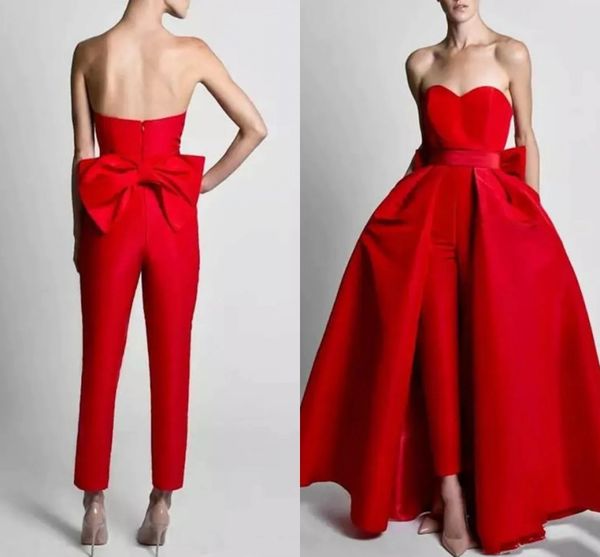 

red jumpsuits evening dress detachable train 2023 sweetheart satin with bow prom formal party gowns for women christmas abendkleider vestido, Black;red