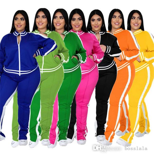 

women plus size tracksuits designer two piece pants set clothing fashion stripe long sleeve coat trousers outfits ladies casual sportswear, Black