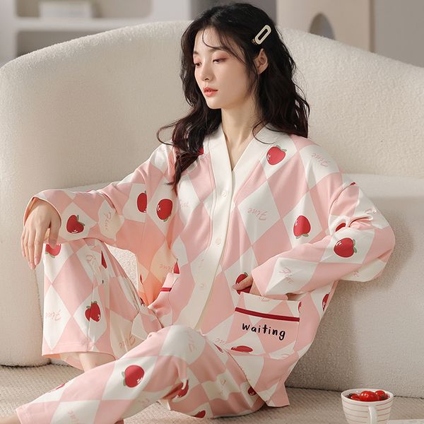 

womens sleepwear qsrocio womens pajamas set cute fruit print leisure v neck sleepwear cotton blended long casual homewear nightwear femme 3x, Black;red